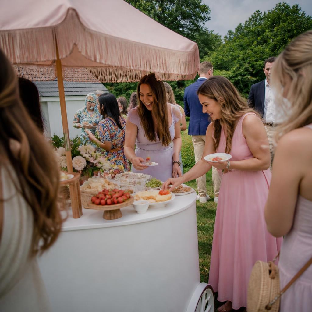 Guests serving themselves from a luxury snack cart at a garden baby shower